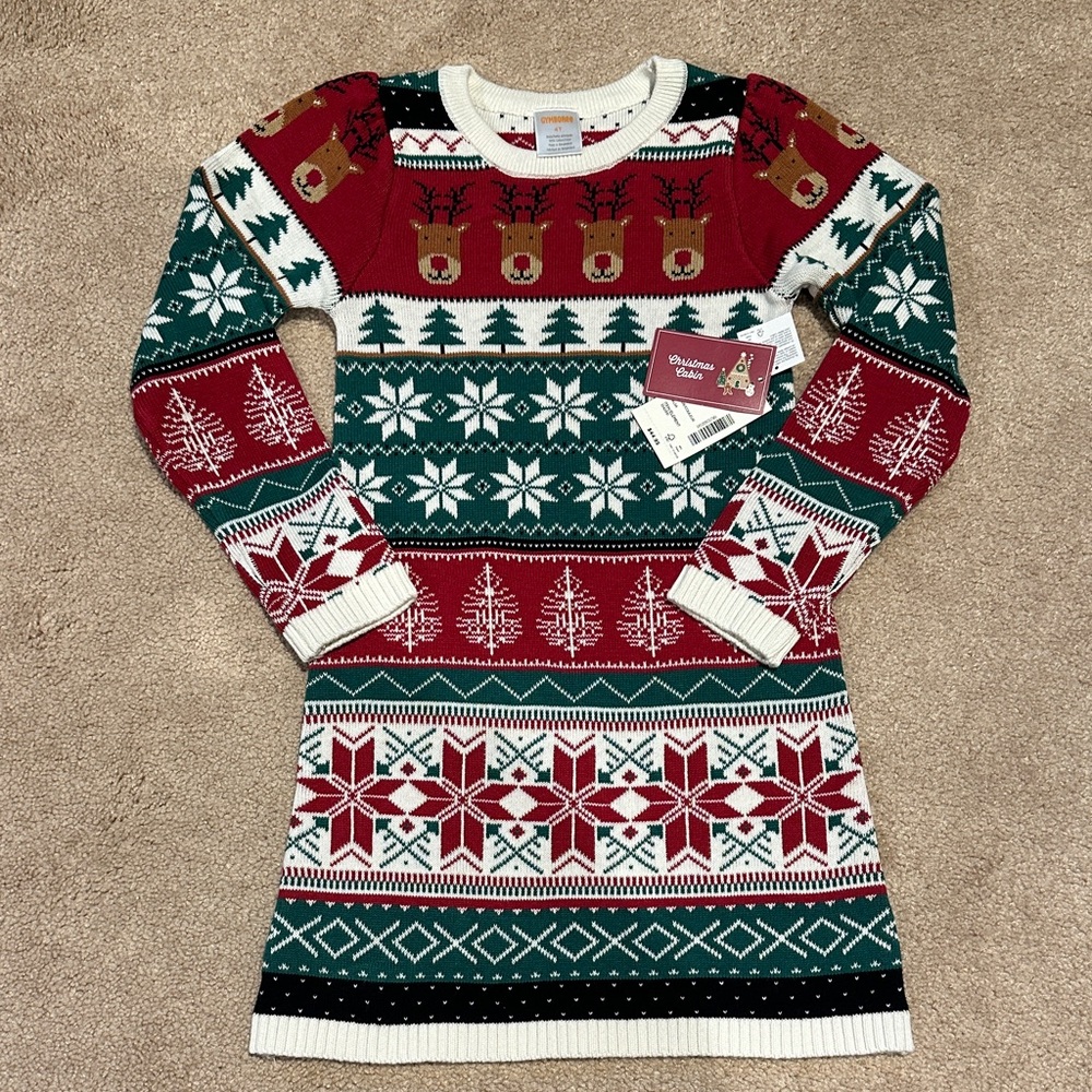 Gymboree Festive Reindeer Sweater Dress - Red, Green, White